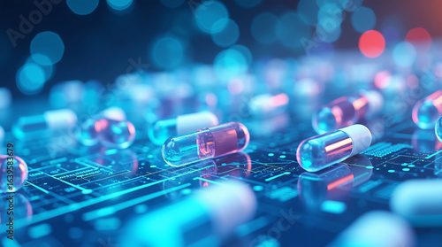 Futuristic image of pills placed on a glowing blue circuit board.