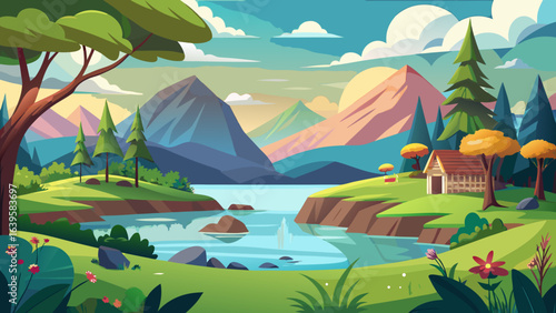 Vector art of vibrant cartoon landscape with majestic mountains, a serene river, lush green hills, and a cozy cabin under a colorful sky