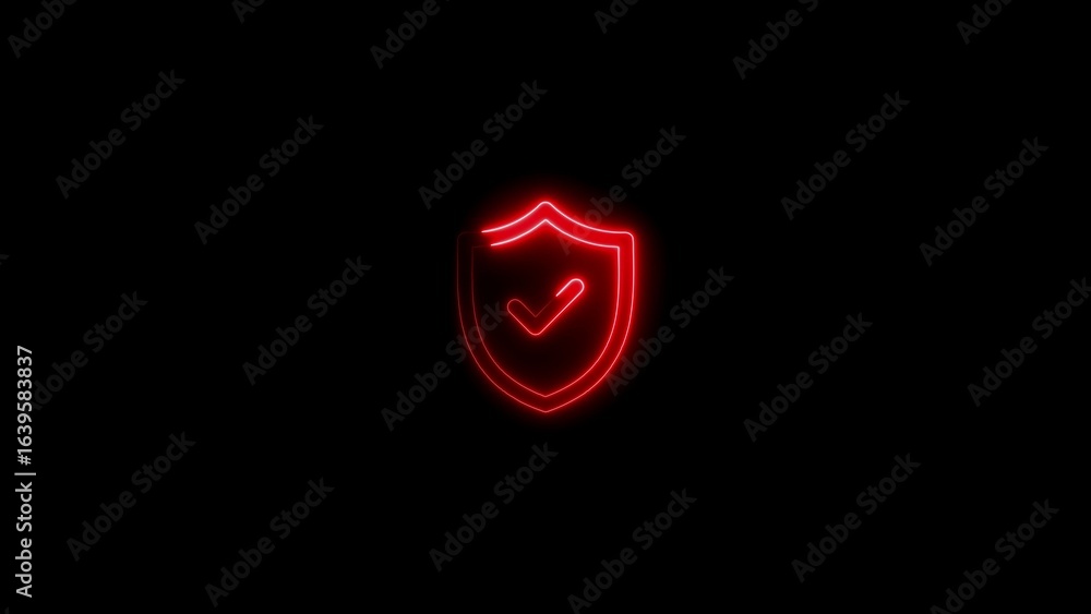 Fototapeta premium Glowing red neon shield symbol with checkmark representing security and protection concept