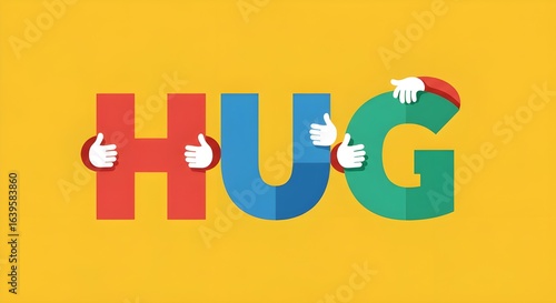 the word HUG written with artwork each of the alphabet making a hug with others yellow background
