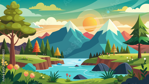 Vector art of idyllic cartoon landscape showcasing snowcapped mountains, a flowing river, verdant meadows, and a radiant sun, offering a picturesque and peaceful natural panorama