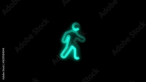 Illuminated neon walking man sign symbolizing movement progress and pedestrian traffic