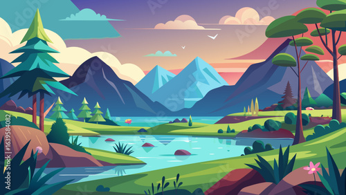 Vector art of serene mountain vista with a tranquil river, rolling green hills, and a pastel sunset sky, rendered in a modern flat illustration style