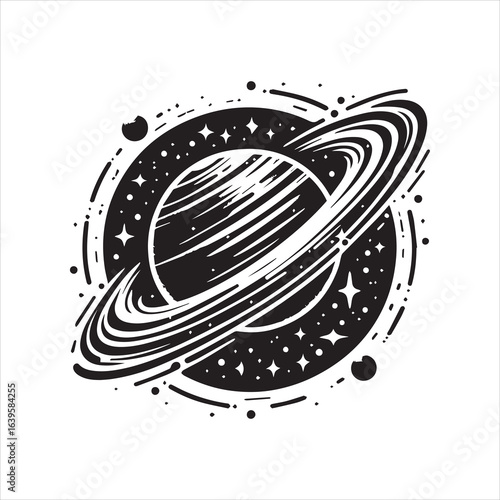 Black and White Cosmic Illustration of a Ringed Planet and Stars.