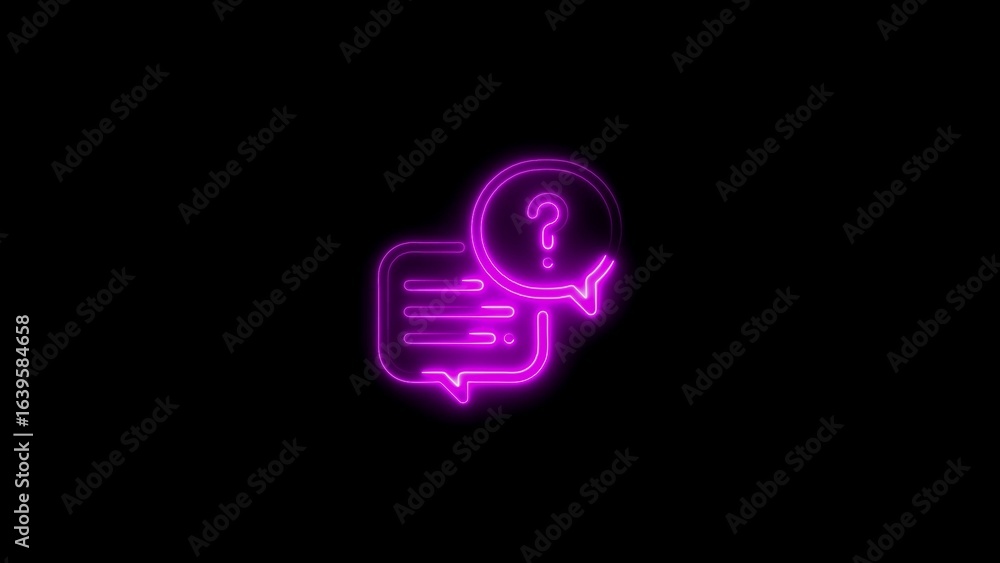 Glowing neon question mark and speech bubbles representing frequently asked questions on dark background Glowing neon question mark and speech bubbles representing frequently asked questions on dark background