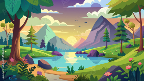Vector art of idyllic cartoon landscape featuring a tranquil river amidst rolling hills and mountains, bathed in the warm glow of a setting sun