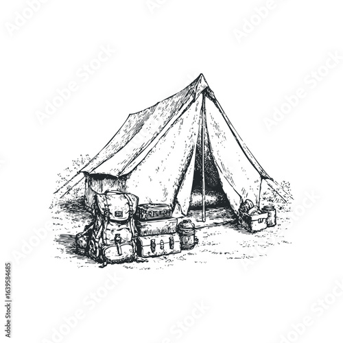 Vintage camping tent and stacked luggage in outdoor sketch