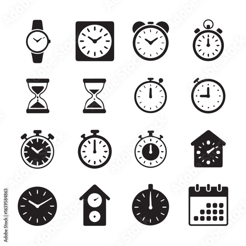 Collection of various time related graphics in black and white style