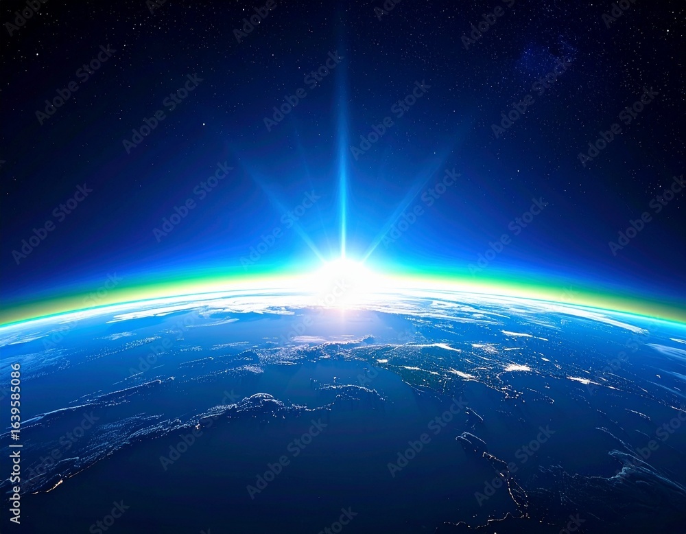 Fototapeta premium Earth Horizon Sunrise from Space with Vibrant Blue Atmosphere