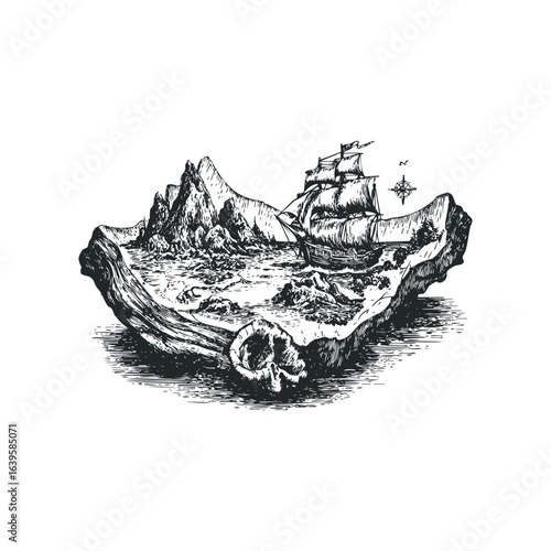 Engraved sailing ship navigates treacherous waters near rocky island with skull