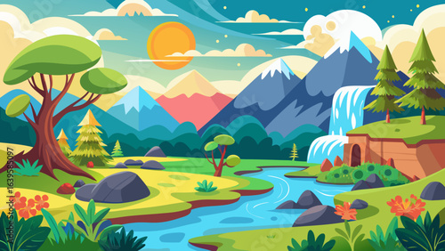Vector art of stylized cartoon illustration of a beautiful natural landscape with a winding river, waterfall, and colorful mountains under a bright sun
