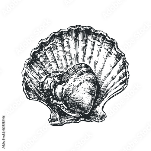 Detailed Ink Drawing of a Scallop Shell with Inner Contents