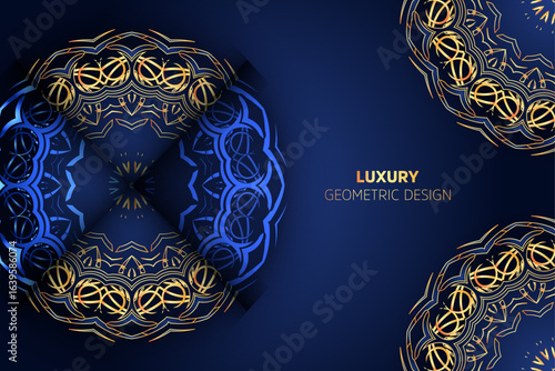 Large central blue and gold mandala with concentric circles and star patterns surrounded by balanced symmetrical smaller designs