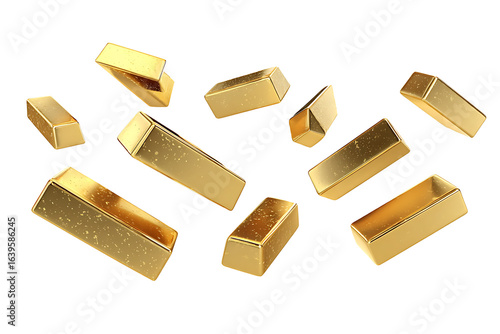 Many gold bars falling on white background
