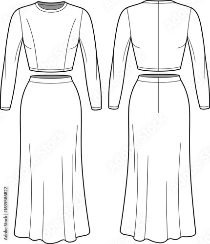 Two-piece long sleeve crop top and maxi skirt set, front and back view, fashion CAD drawing flat vector illustration