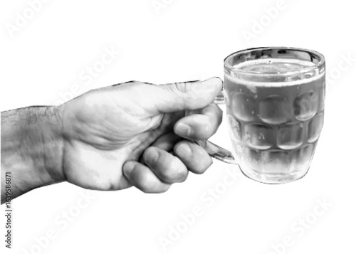 Human hand in dotted pop art style holding a glass of beer, beer mug isolated on transparent background. Collage design vector element for beer festival, Octoberfest or St. Patrick Day poster, banner