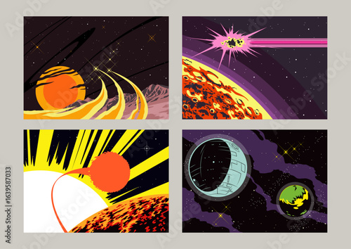 Space Panorama Vector Illustration Set, Unknown Planets, Sun, Comets, Nebula, Star Backgrounds. Vintage Colors, Old Comics Style Posters 