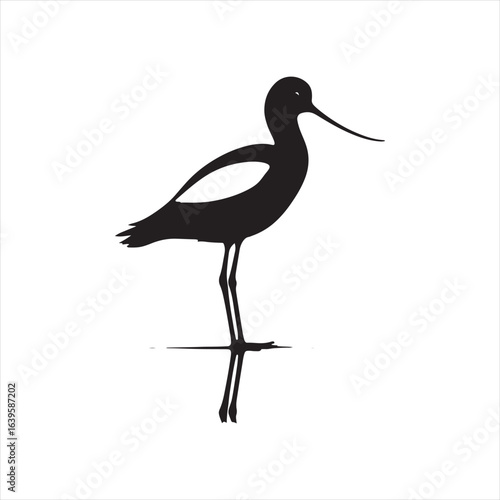 Graceful Avocet Silhouette Vector Art – Elegant Wading Bird with Upturned Beak and Long Legs, Minimal Black Outline Perfect for Wetland Wildlife Themes, Nature Logos, and Decorative Prints

