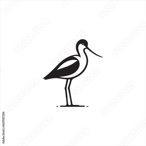 Graceful Avocet Silhouette Vector Art – Elegant Wading Bird with Upturned Beak and Long Legs, Minimal Black Outline Perfect for Wetland Wildlife Themes, Nature Logos, and Decorative Prints
