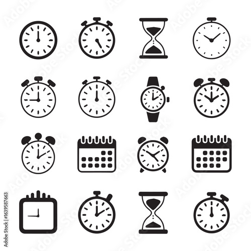 Assorted timekeeping items arranged in a grid format on white page