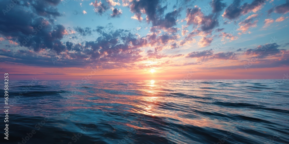 Obraz premium tranquil ocean at dusk, glowing sunset