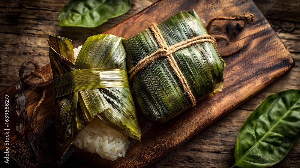 Fototapeta premium Thai sticky rice khao tom mad, wrapped in banana leaf and unwrapped to display its delicious banana filling.
