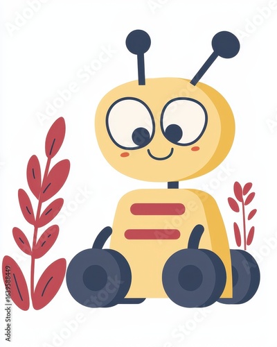 Cheerful Yellow Robot Bee Illustration with Burgundy Plants, Generative AI