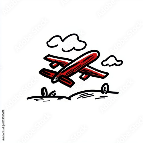 Childlike Drawing of Red Airplane Flying Over Simple Landscape, Generative AI