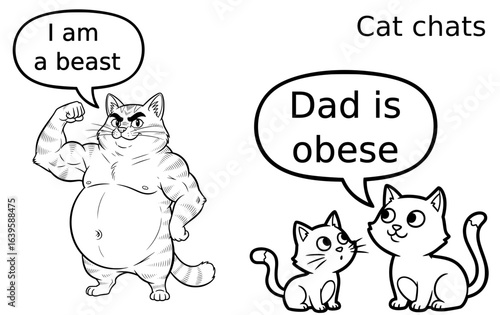 cat illustration, fat cat flexing muscles, text, I am a beast, other cats text, dad is obese. Funny pet cat illustration