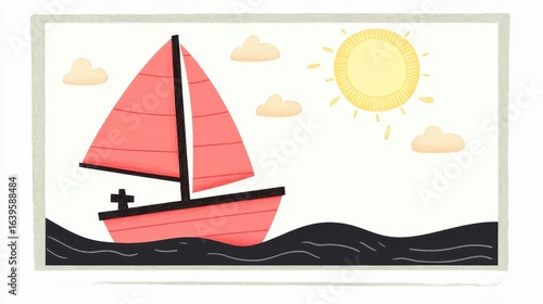 Childlike Drawing Red Sailboat Sunny Day Ocean Scene, Generative AI