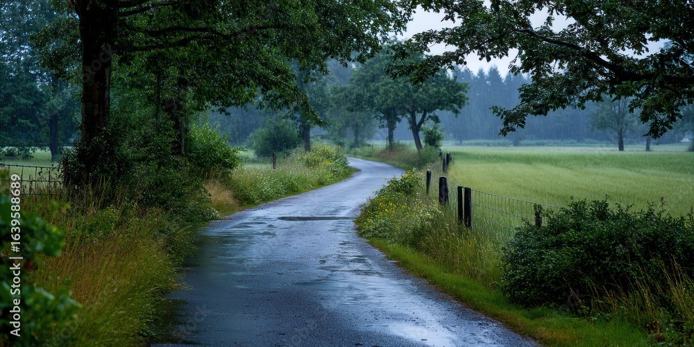 Fototapeta premium Tranquil rural path on a rainy day, mist and droplets on every leaf