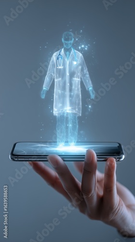 Hand holding smartphone or tablet with holographic AI doctor, futuristic telemedicine concept combining artificial intelligence with virtual healthcare consultations, future of remote diagnosis.