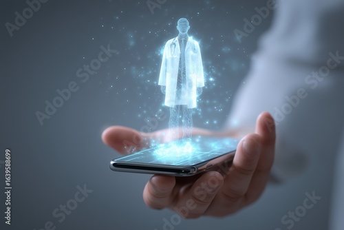 Hand holding smartphone or tablet with holographic AI doctor, futuristic telemedicine concept combining artificial intelligence with virtual healthcare consultations, future of remote diagnosis.