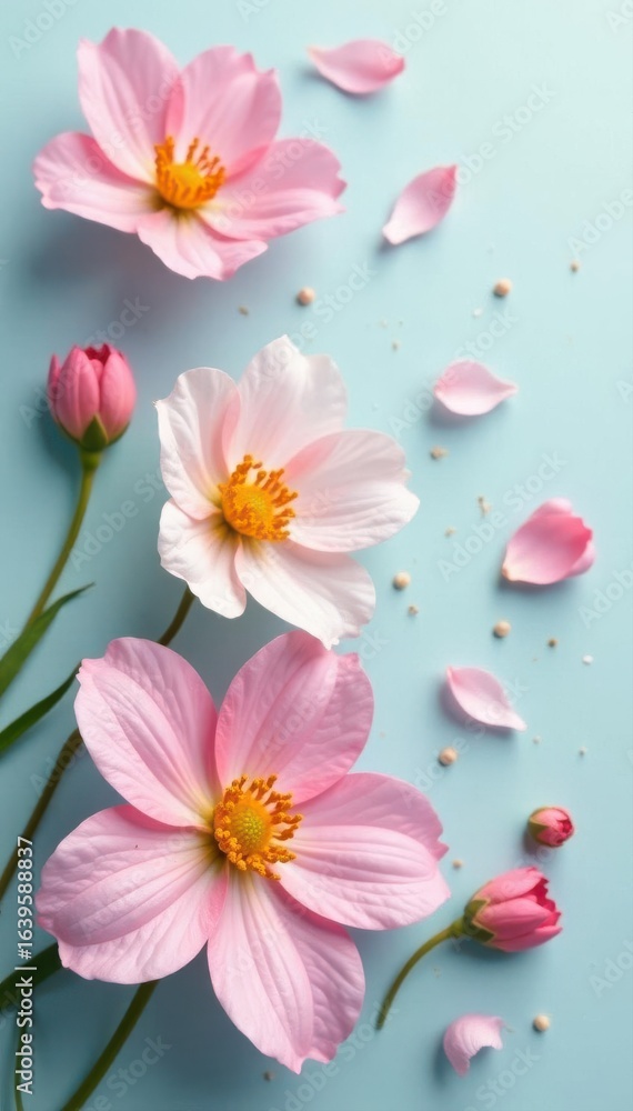 Fototapeta premium Delicate pastel-toned wildflowers, scattered petals, and buds , spring, flower banner