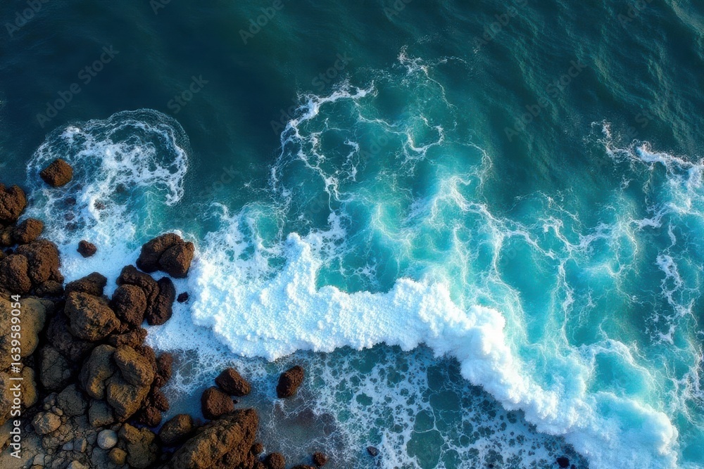 Obraz premium Dramatic aerial of ocean waves crashing on rocky shore, shore, photography, nature