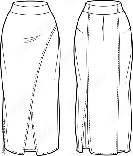 Women’s long pencil skirt fashion flat sketch with front slit, high waist design, elegant style, CAD drawing flat vector illustration