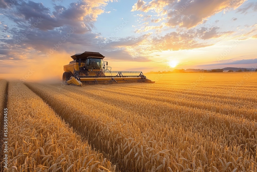Fototapeta premium Golden wheat field harvest with combine harvester at sunrise under dramatic sky