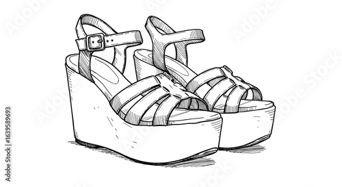 Hand-drawn sketch vector illustration of stylish wedge sandals on transparent background  