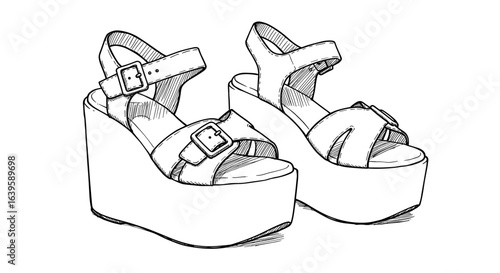 Hand-drawn sketch vector illustration of black and white platform sandals footwear  on transparent background 