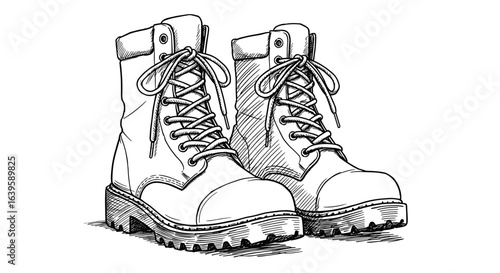 White hand-drawn sketch vector illustration of hiking boots on transparent background  