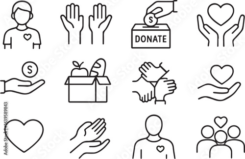 Charity and Donation Line Icon Set – Volunteering, Fundraising, Solidarity, Helping Hands, Kindness, Editable Stroke Vector