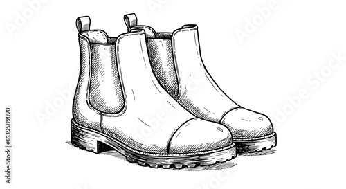 Hand-drawn sketch of fashionable black and white Chelsea boots vector illustration on transparent background  