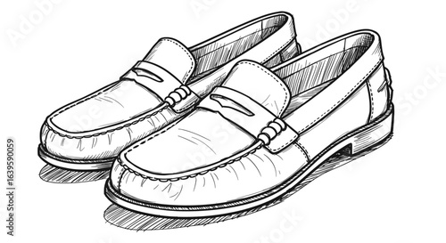 Black and white hand-drawn sketch vector illustration of stylish loafers on transparent background  