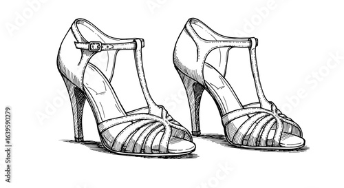 Black and white hand-drawn sketch vector illustration of elegant high-heeled shoes on transparent background   