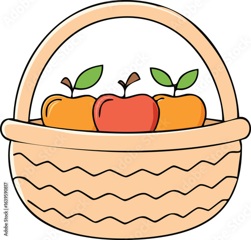 A basket filled with three apples, two yellow and one red, each with a stem and leaves.