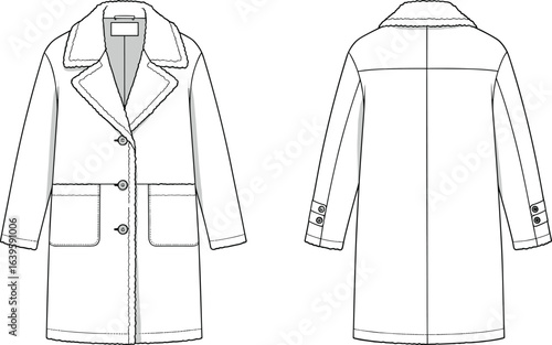 Women’s shearling coat flat sketch, front and back view, long winter outerwear fashion design, button closure, pockets, technical clothing illustration template