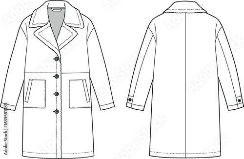 Women’s shearling coat flat sketch, front and back view, winter outerwear fashion design, button closure, pockets, technical clothing illustration for designers