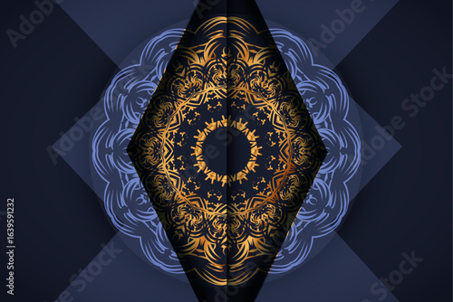 Symmetrical blue and gold mandala with intricate concentric star motifs and smaller surrounding designs for decorative art projects