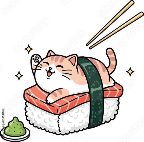 Clipart of a Cute Cat Lying on a Salmon Sushi