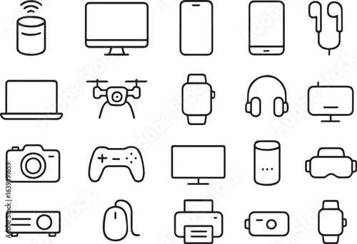 Devices Web Icon Set in Modern Line Style – Electronics, Smart Devices, Computer, Smartphone, Tablet, Laptop, Drone, Technology